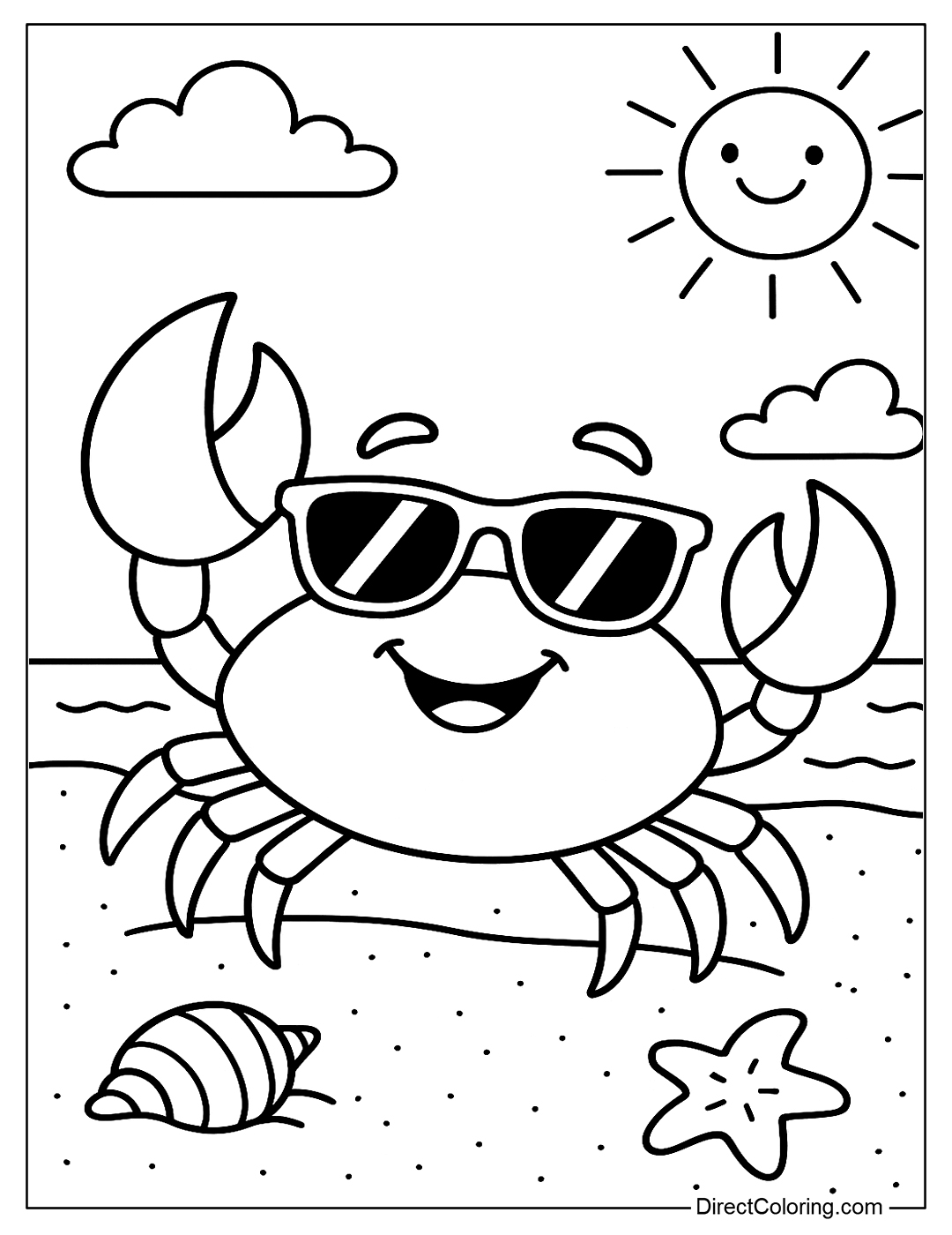 coloring page of Cartoon crab wearing sunglasses and waving